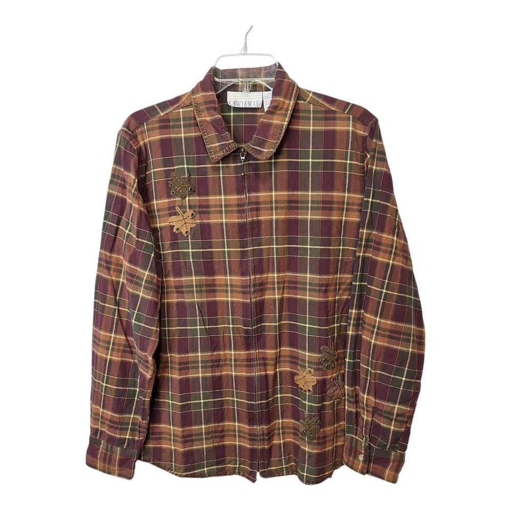 Casey & Max Womens Size L Long Sleeve Button‎ Up Shirt Leaf Patches Plaid Fall